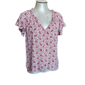 Max Studio Women’s Pink & White Ruffled Flutter Sleeve Vneck Floral Blouse